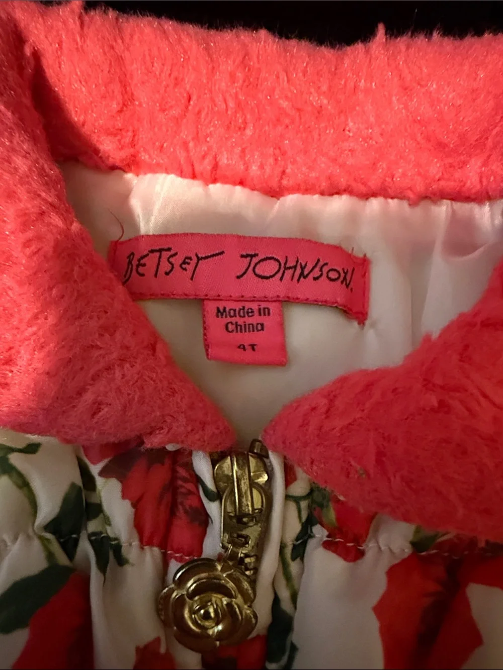 Girls Betsey Johnson Floral Red Rose Puffer Vest with Pink Faux-Fur Collar